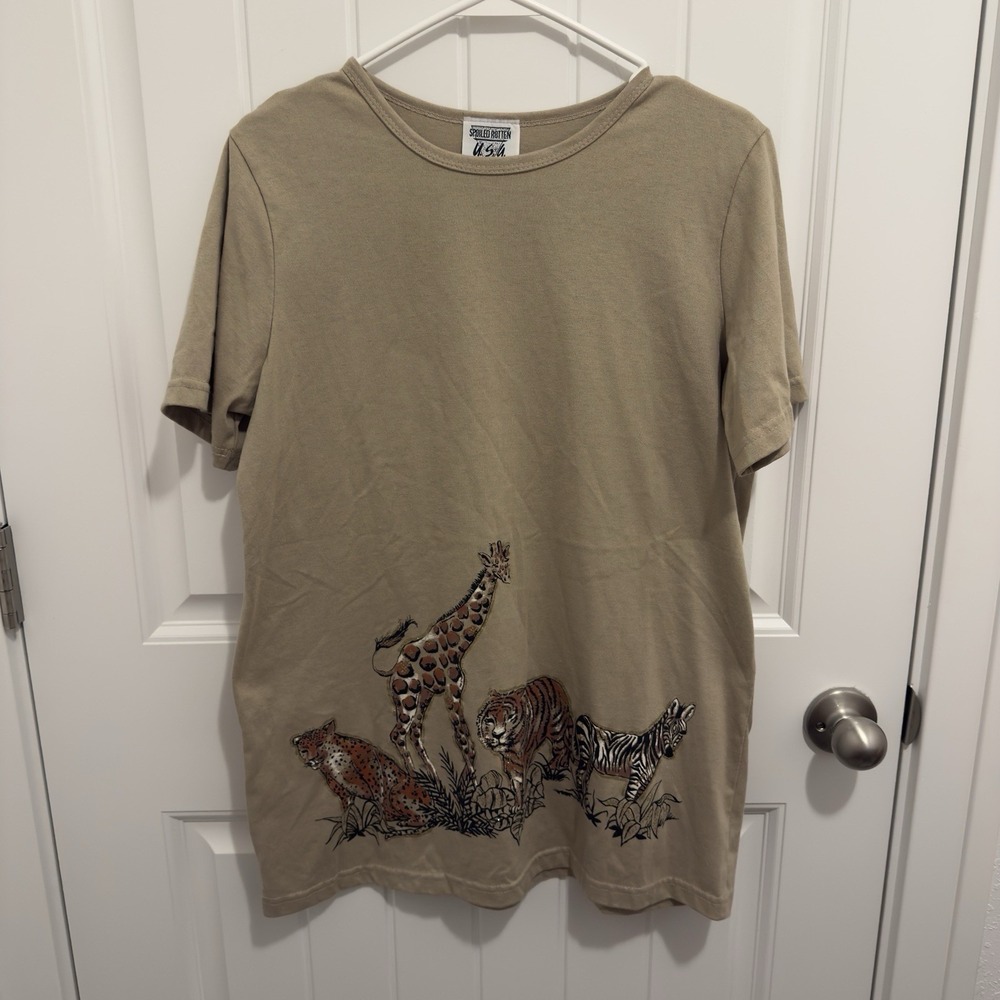 Spoiled‎ Rotten USA Women's Tan Safari Animals Vintage Tshirt Size Medium